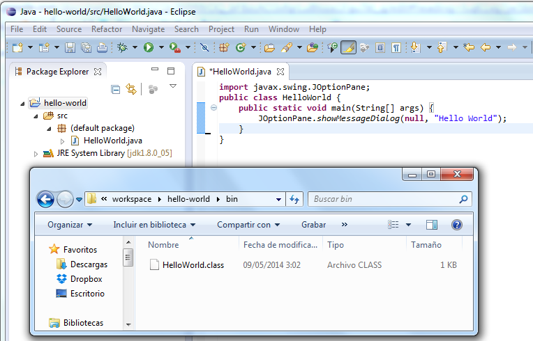 Clase Hola mundo y directorio bin 